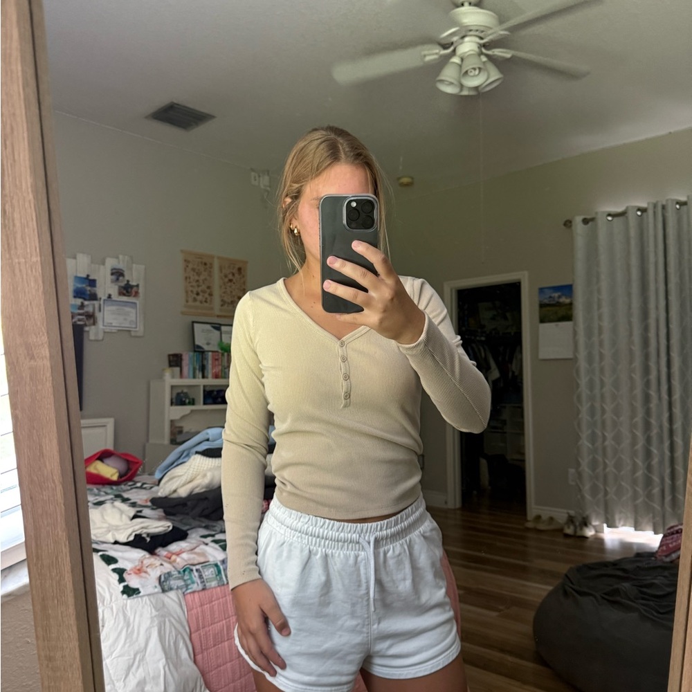 Hollister Cream Fitted with Buttoned V-Neck